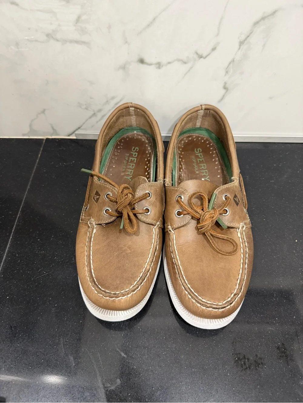 Sperry Brown Leather Moc Toe Boat Shoes with White Soles